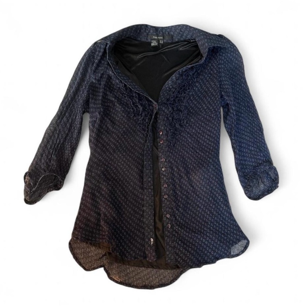 Zara Navy Printed Sheer Blouse with Ruffle Placket
